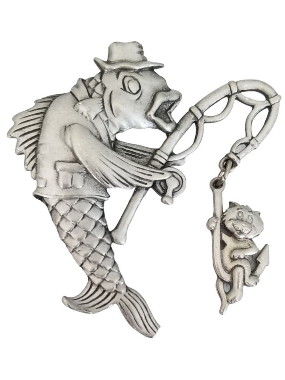 JJ Jonette Pewter Fish With Rod Catching Cat, Signed M164